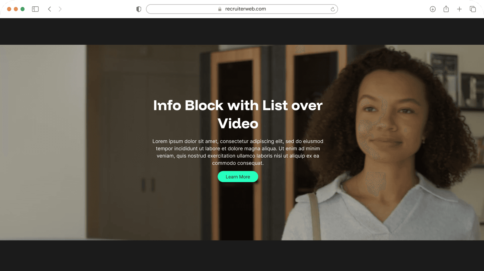 "Info Block with List over Video" widget example: centered heading and button over a photo