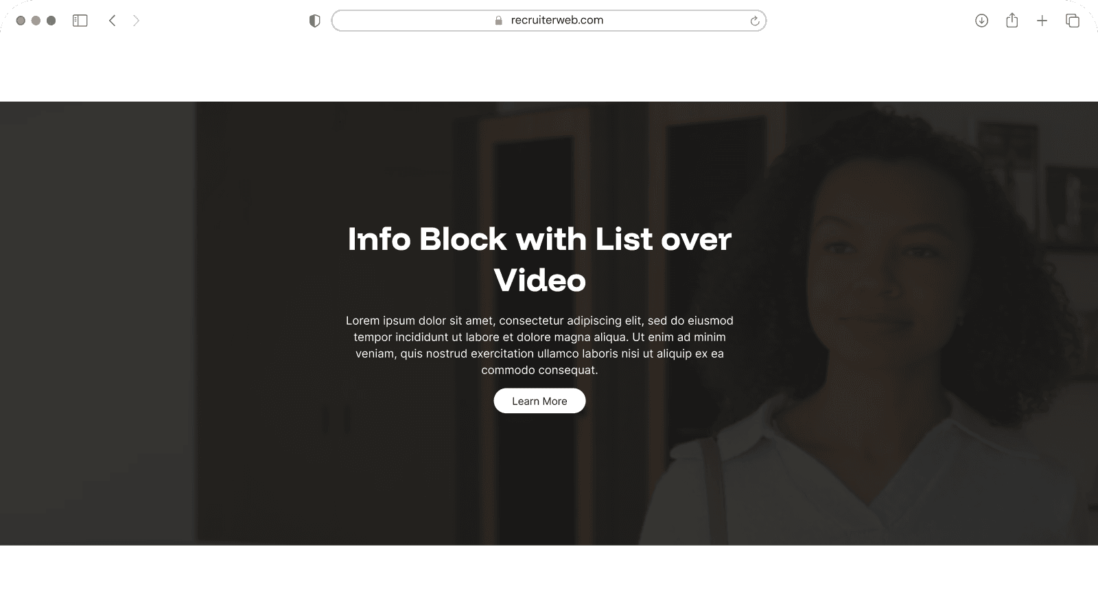 "Info Block with List over Video" widget example: centered heading and button over a photo