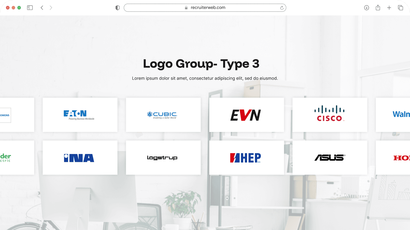 "Logo Group - Type 3" widget example: scrolling row of partner logos