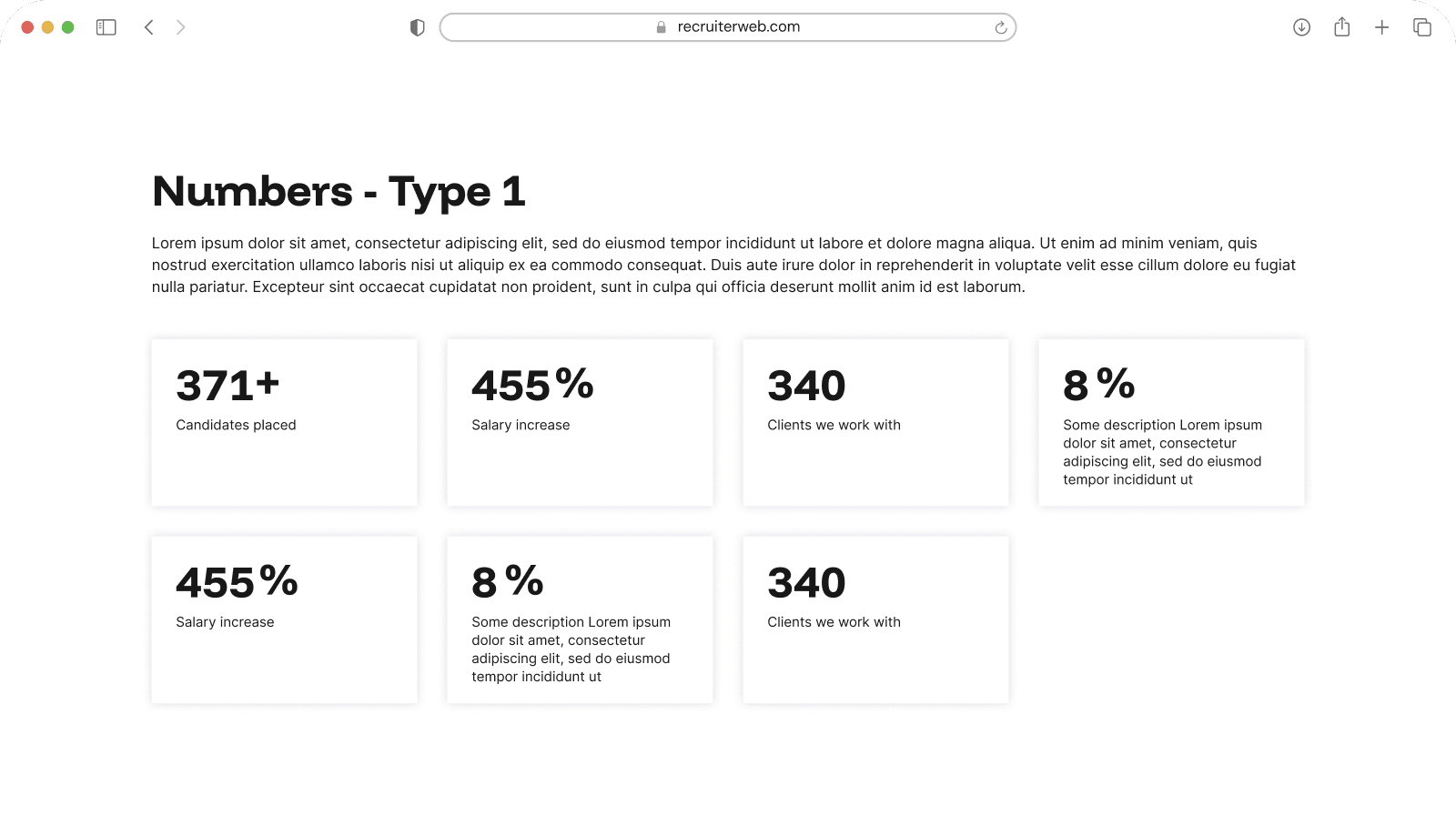 "Numbers Type 1" widget example: grid of statistic figures with labels