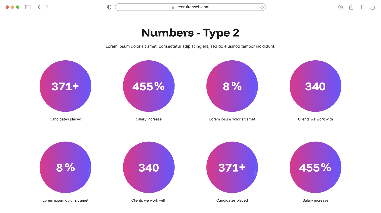 "Numbers Type 2" widget example: statistic figures in circular badges