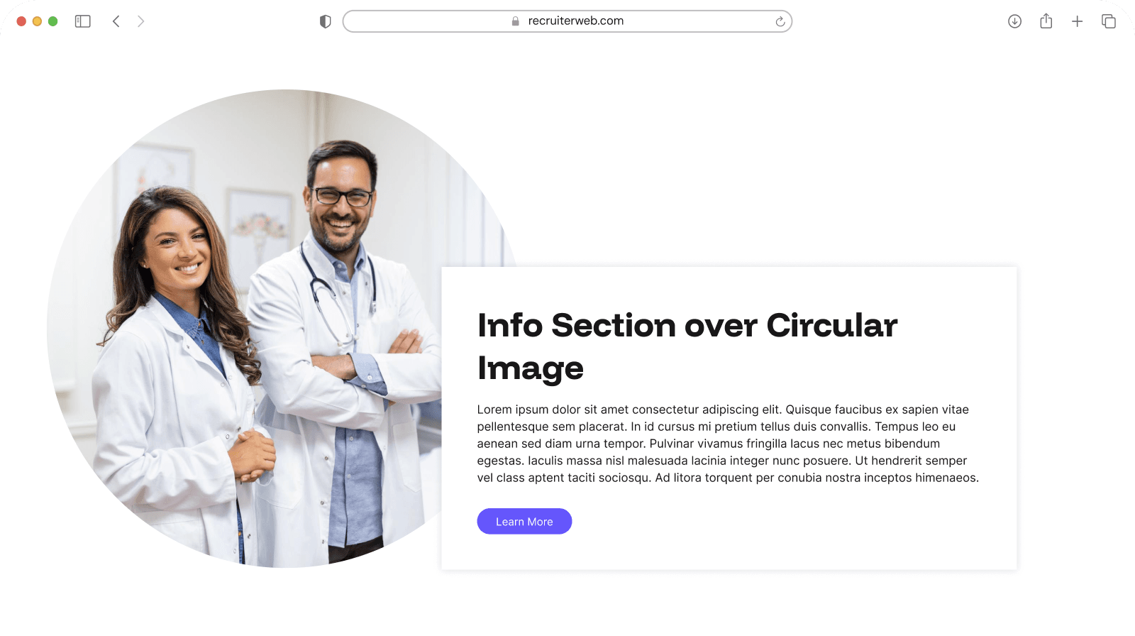 "Info Section over Circular Image" widget example: text panel beside a circular photo