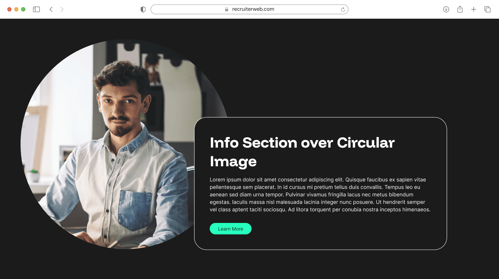 "Info Section over Circular Image" widget example: text panel beside a circular photo