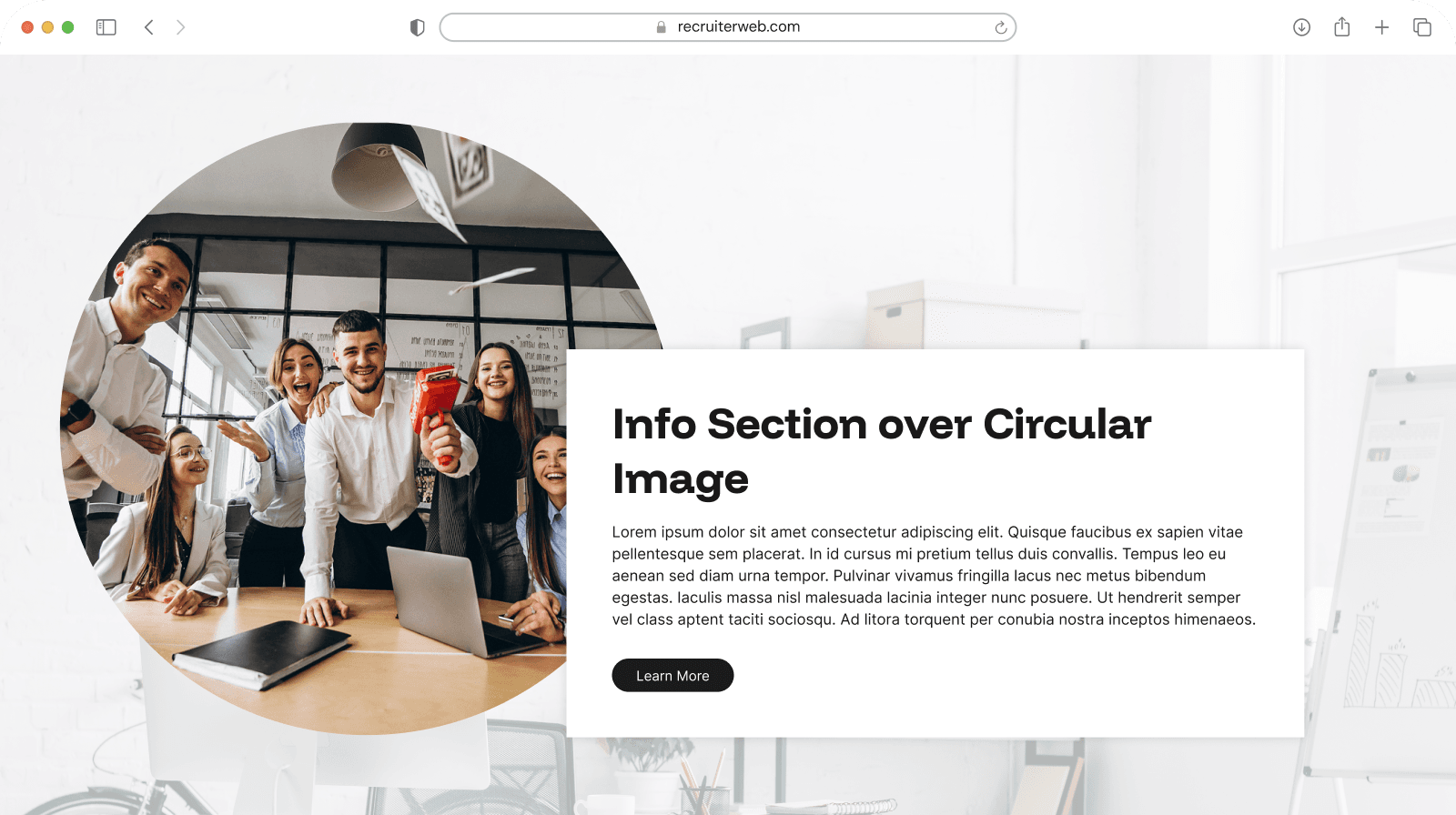 "Info Section over Circular Image" widget example: text panel beside a circular photo