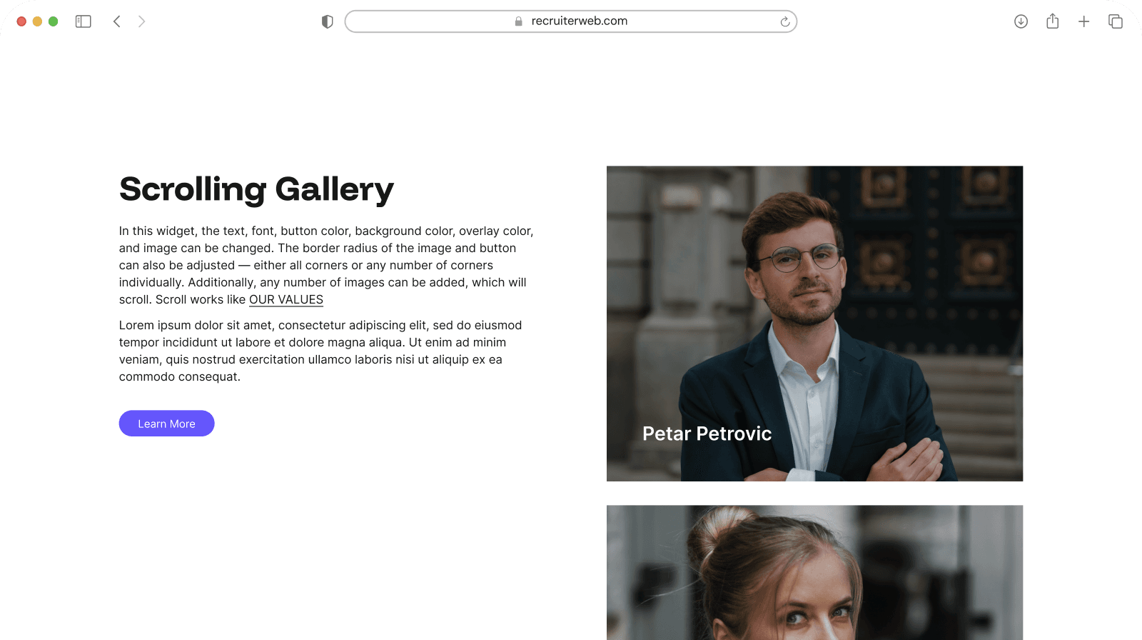 "Scrolling Gallery" widget example: text panel beside a vertically scrolling photo gallery