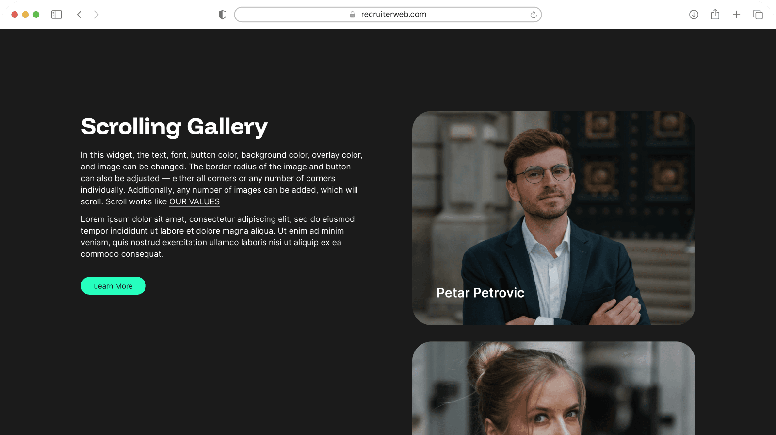 "Scrolling Gallery" widget example: text panel beside a vertically scrolling photo gallery