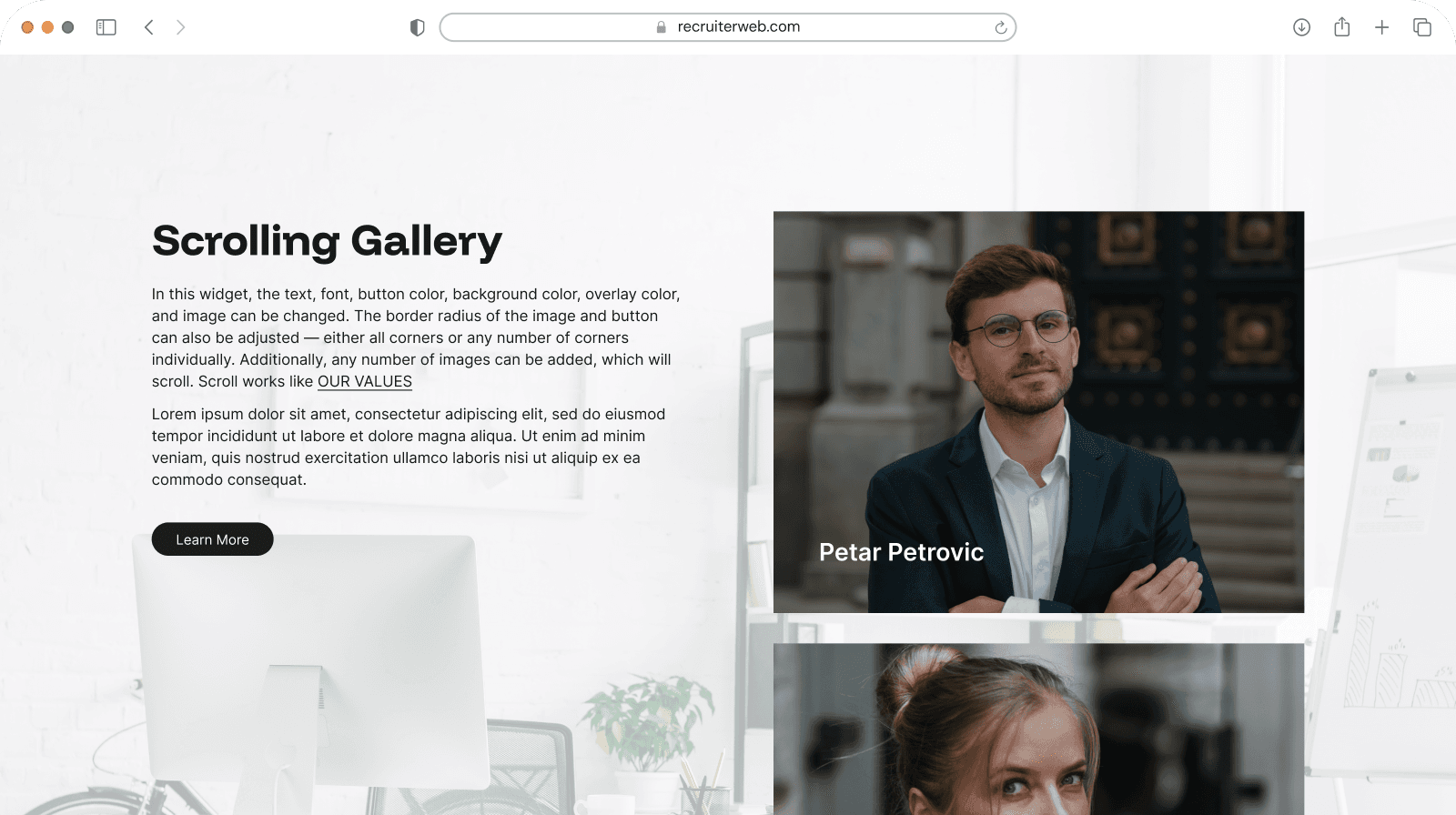 "Scrolling Gallery" widget example: text panel beside a vertically scrolling photo gallery