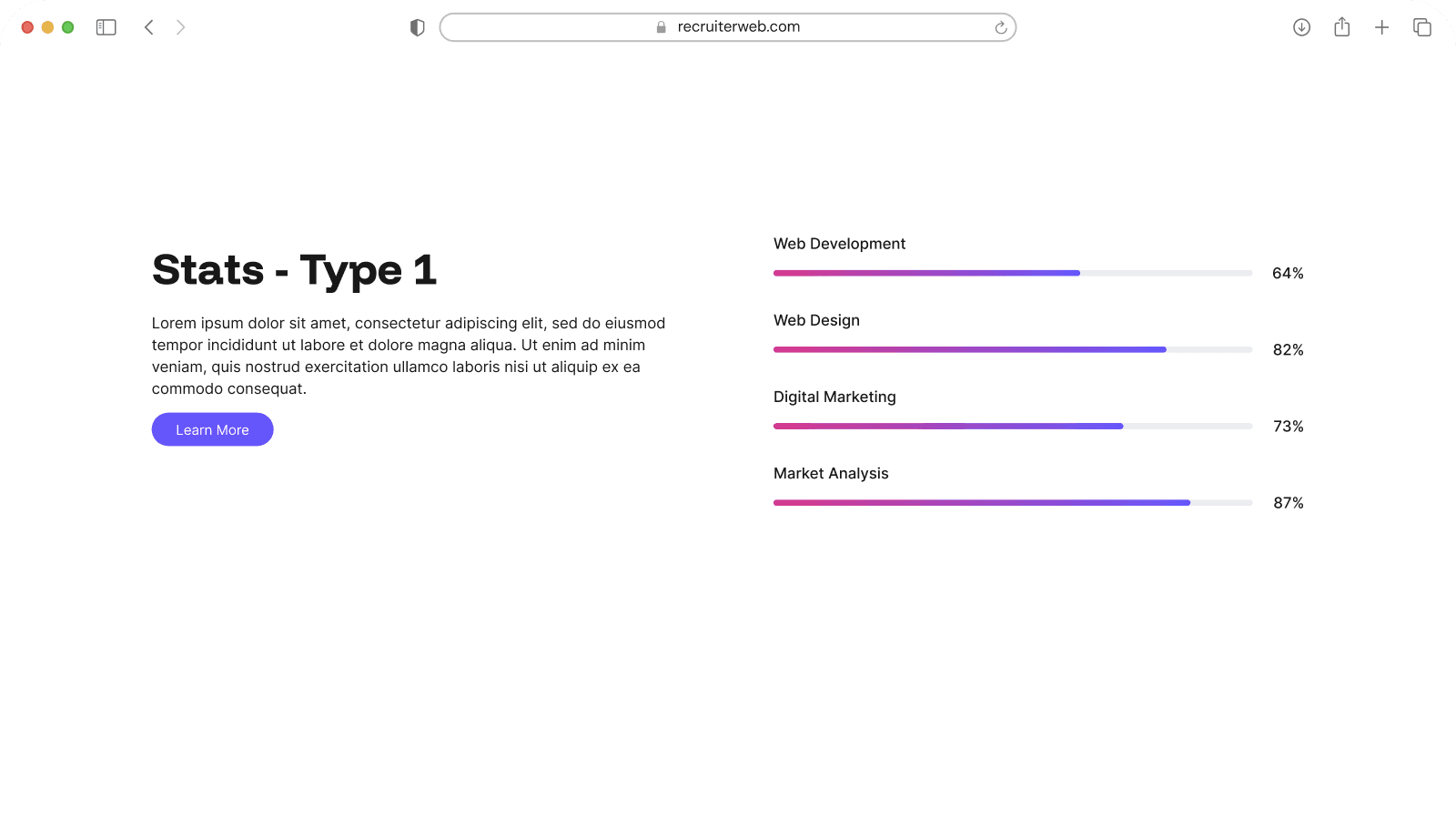 "Stats - Type 1" widget example: labeled progress bars with percentages