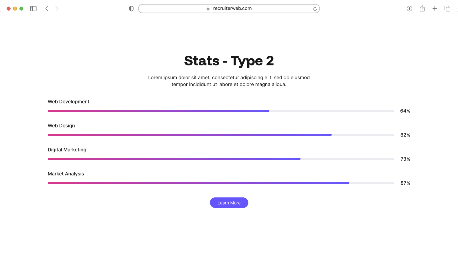 "Stats - Type 2" widget example: centered labeled progress bars with percentages