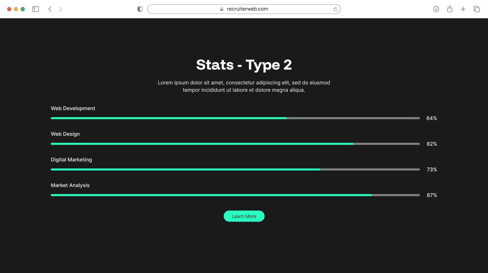 "Stats - Type 2" widget example: centered labeled progress bars with percentages