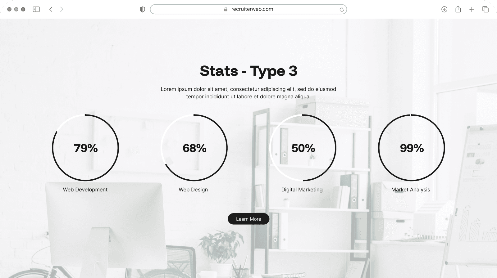 "Stats - Type 3" widget example: four circular percentage gauges with labels