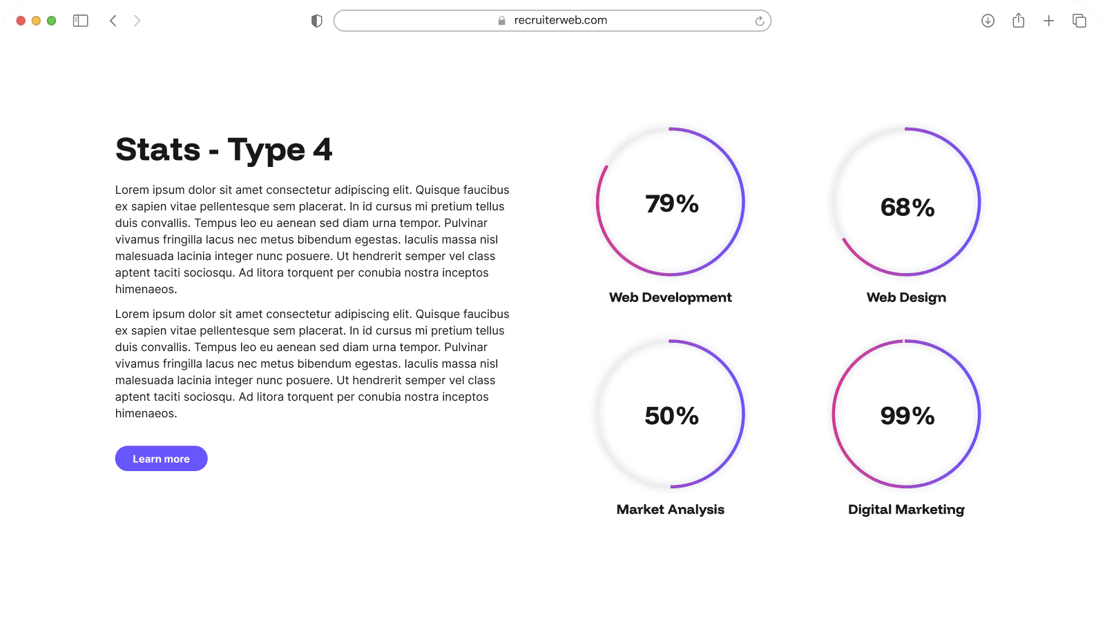 "Stats - Type 4" widget example: circular percentage gauges beside body text
