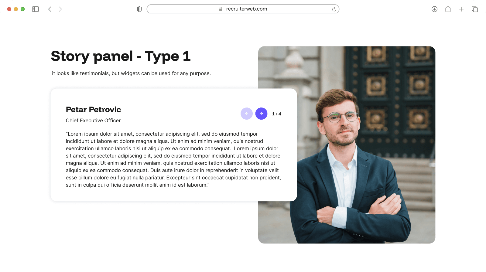 "Story Panel - Type 1" widget example: testimonial card with pagination beside a staff photo