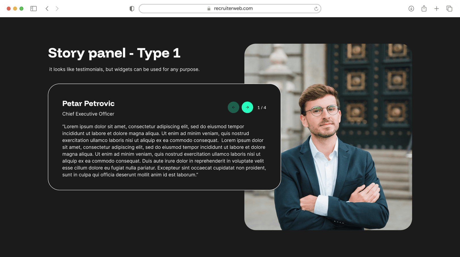 "Story Panel - Type 1" widget example: testimonial card with pagination beside a staff photo