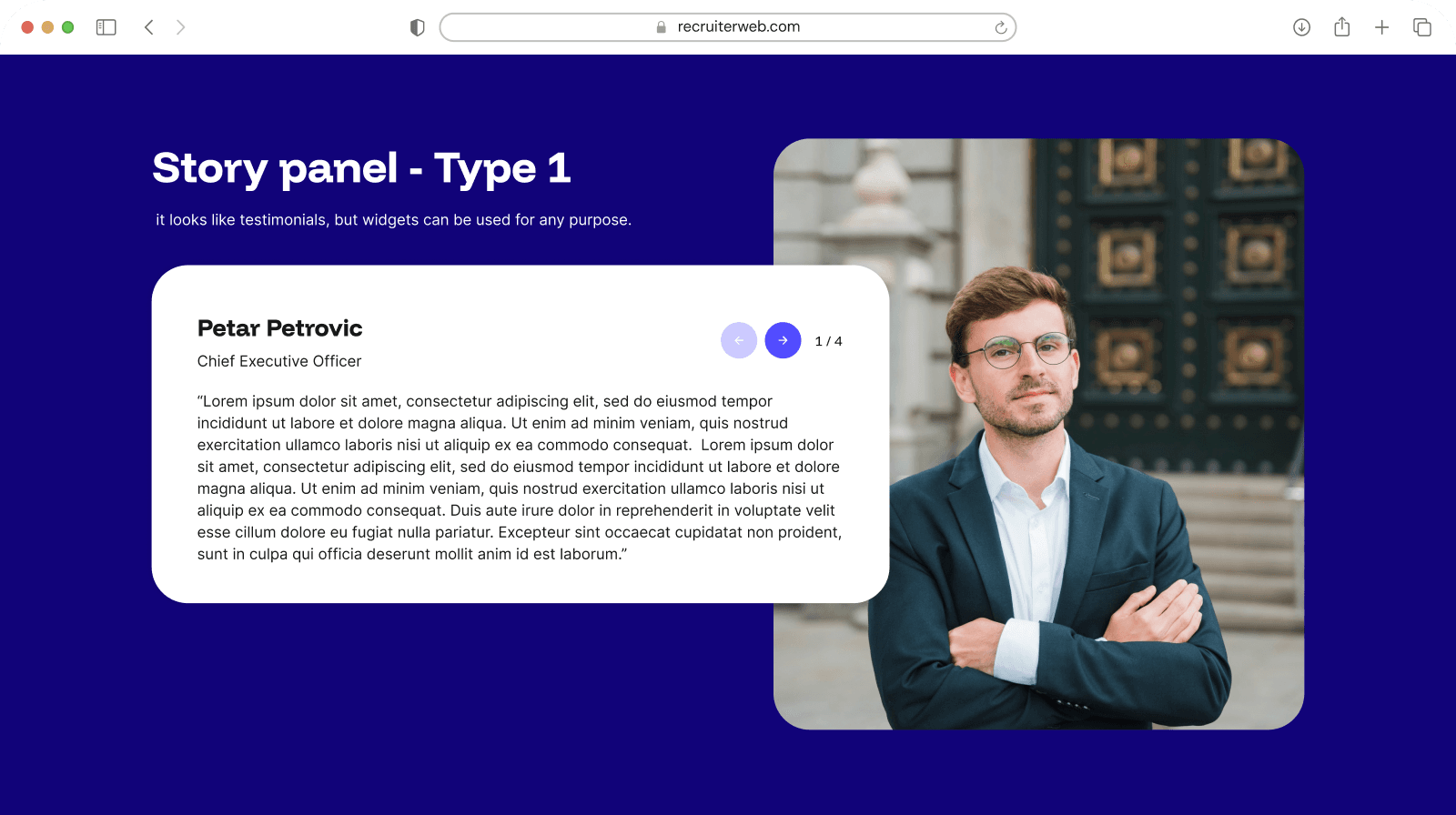 "Story Panel - Type 1" widget example: testimonial card with pagination beside a staff photo