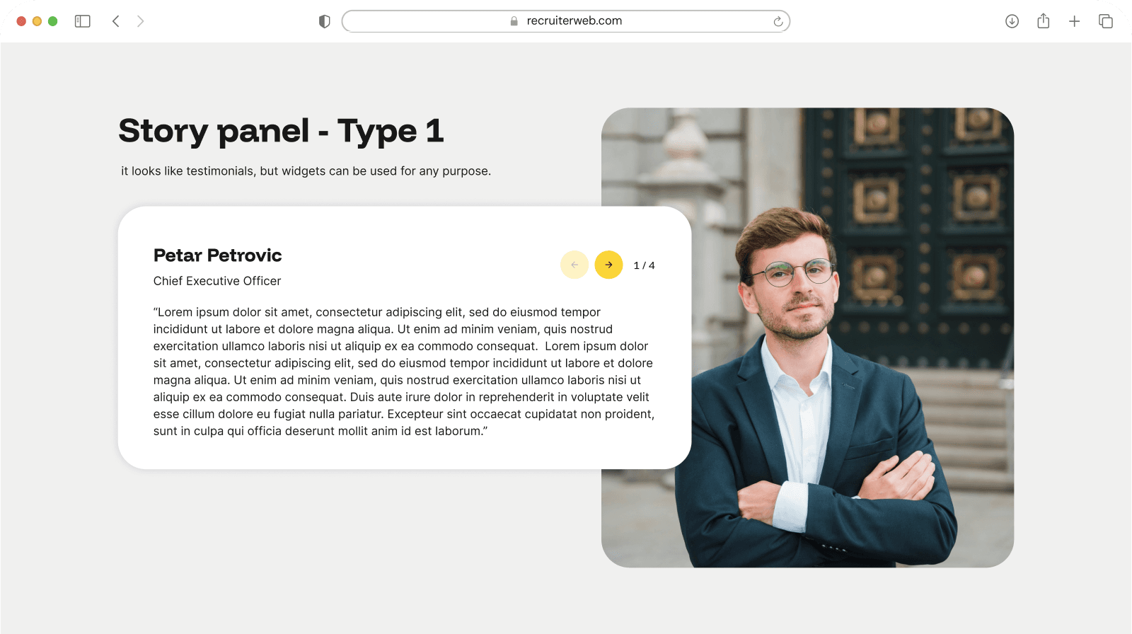 "Story Panel - Type 1" widget example: testimonial card with pagination beside a staff photo