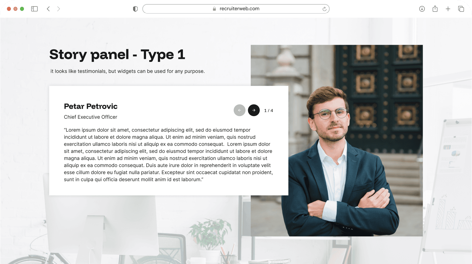 "Story Panel - Type 1" widget example: testimonial card with pagination beside a staff photo