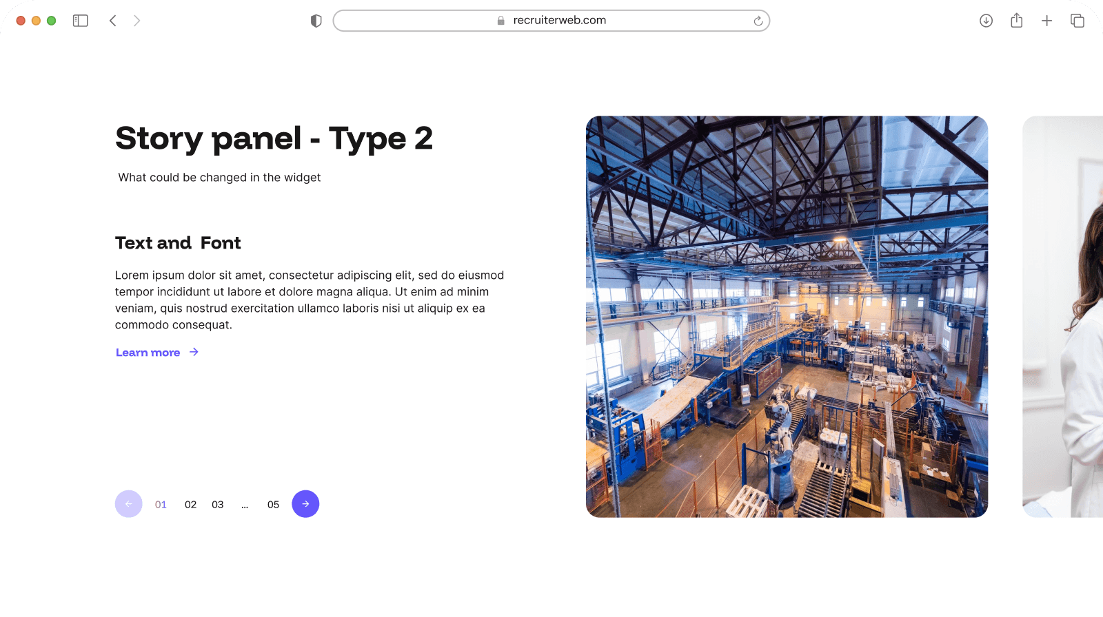"Story Panel - Type 2" widget example: testimonial card with pagination, alternate layout