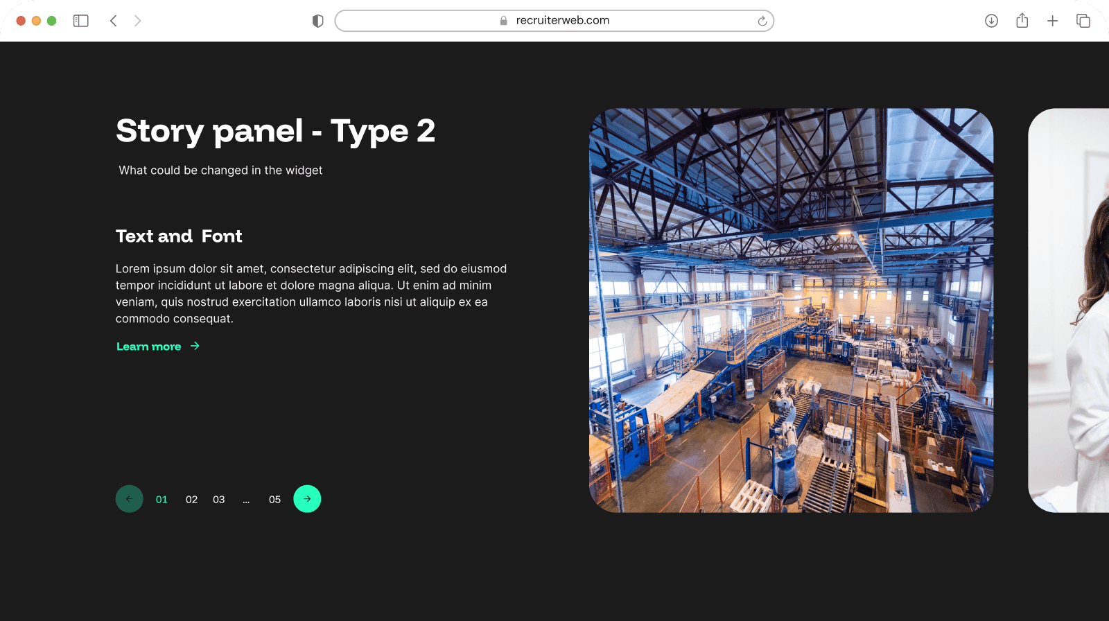 "Story Panel - Type 2" widget example: testimonial card with pagination, alternate layout