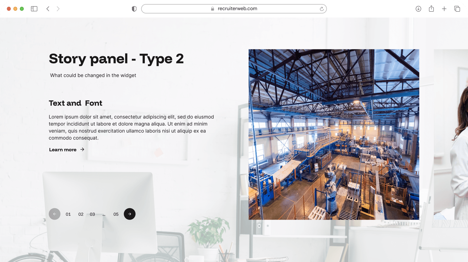 "Story Panel - Type 2" widget example: testimonial card with pagination, alternate layout
