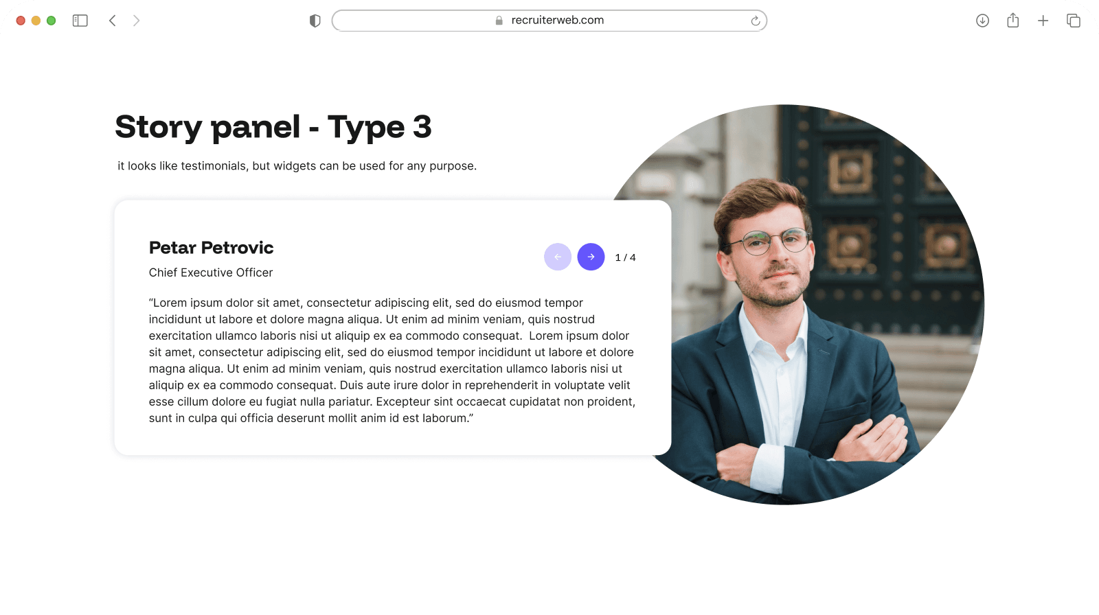 "Story Panel - Type 3" widget example: testimonial card beside a circular staff photo