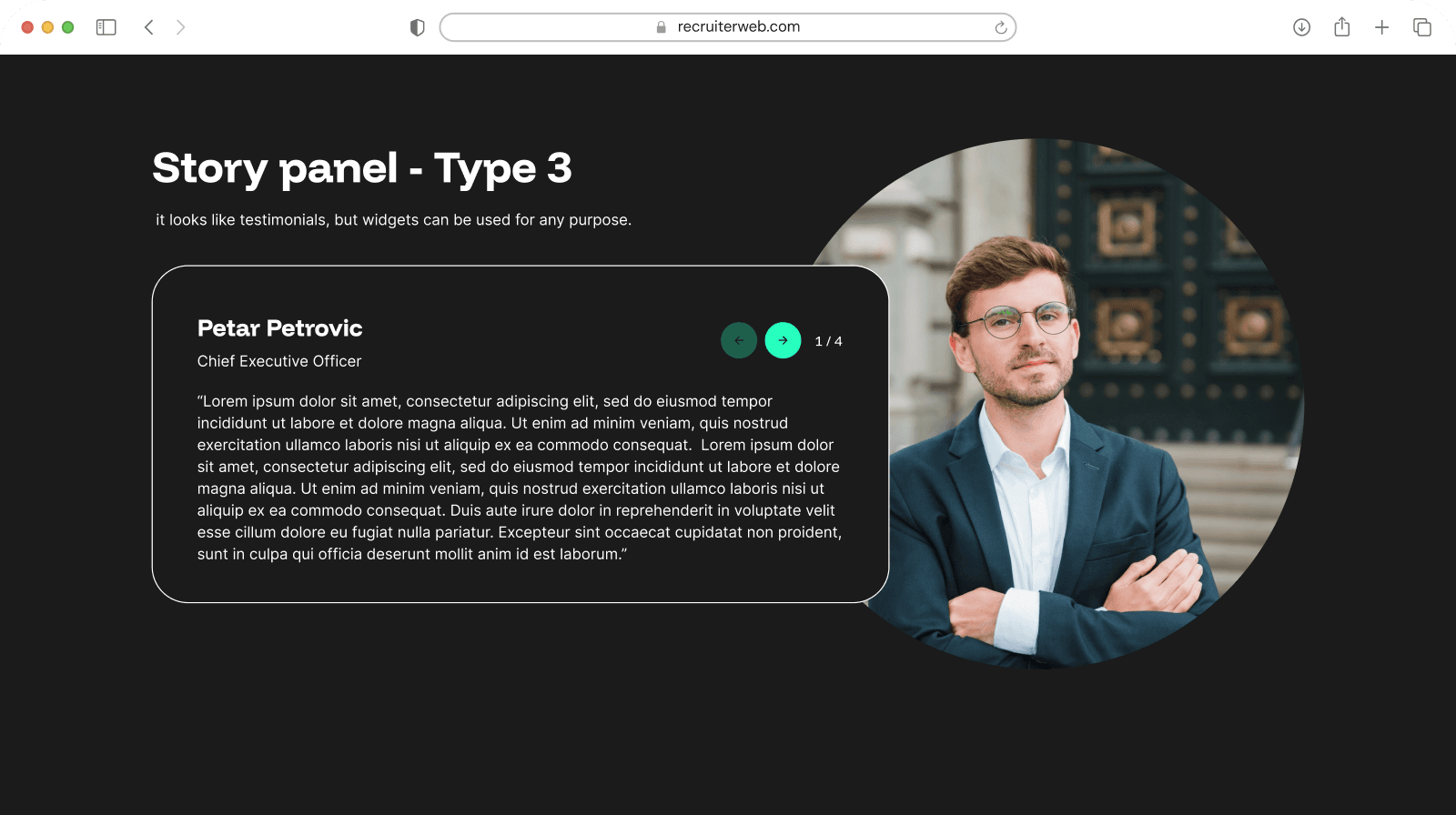 "Story Panel - Type 3" widget example: testimonial card beside a circular staff photo