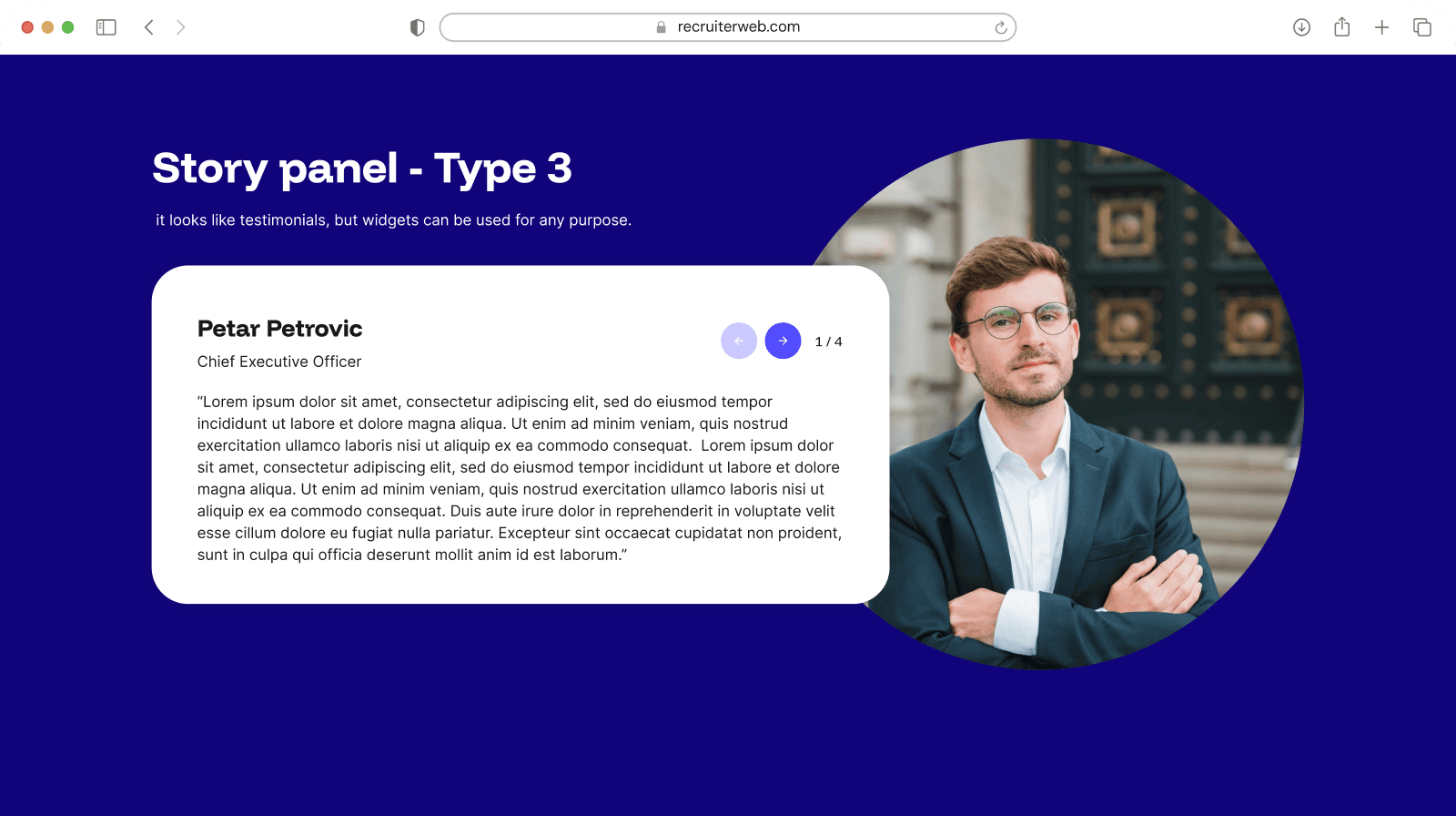 "Story Panel - Type 3" widget example: testimonial card beside a circular staff photo