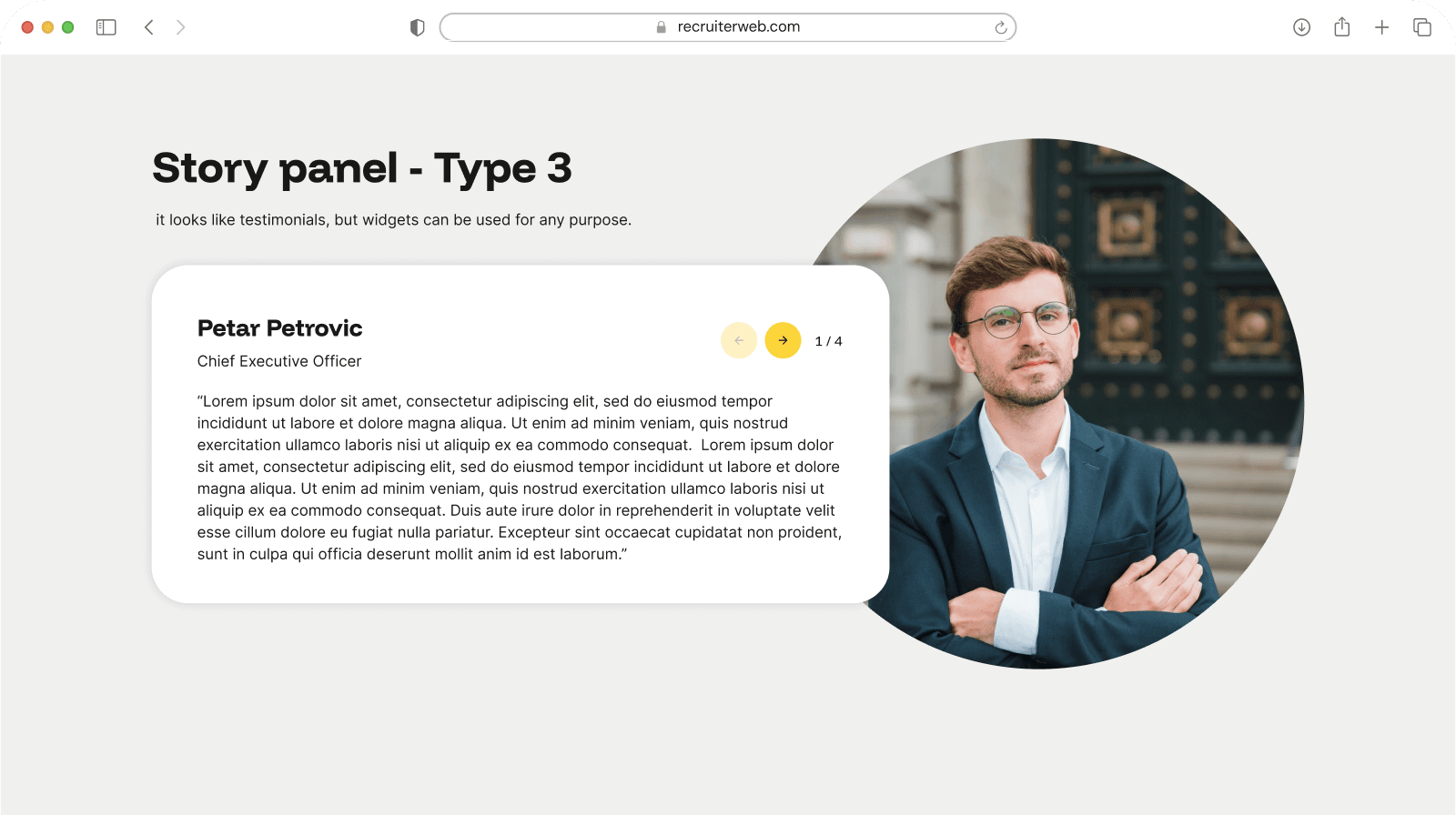 "Story Panel - Type 3" widget example: testimonial card beside a circular staff photo
