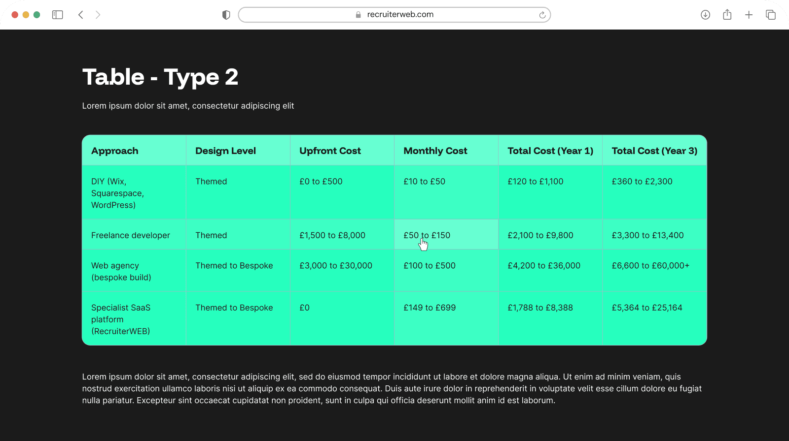 "Table - Type 2" widget example: data table with colored header row