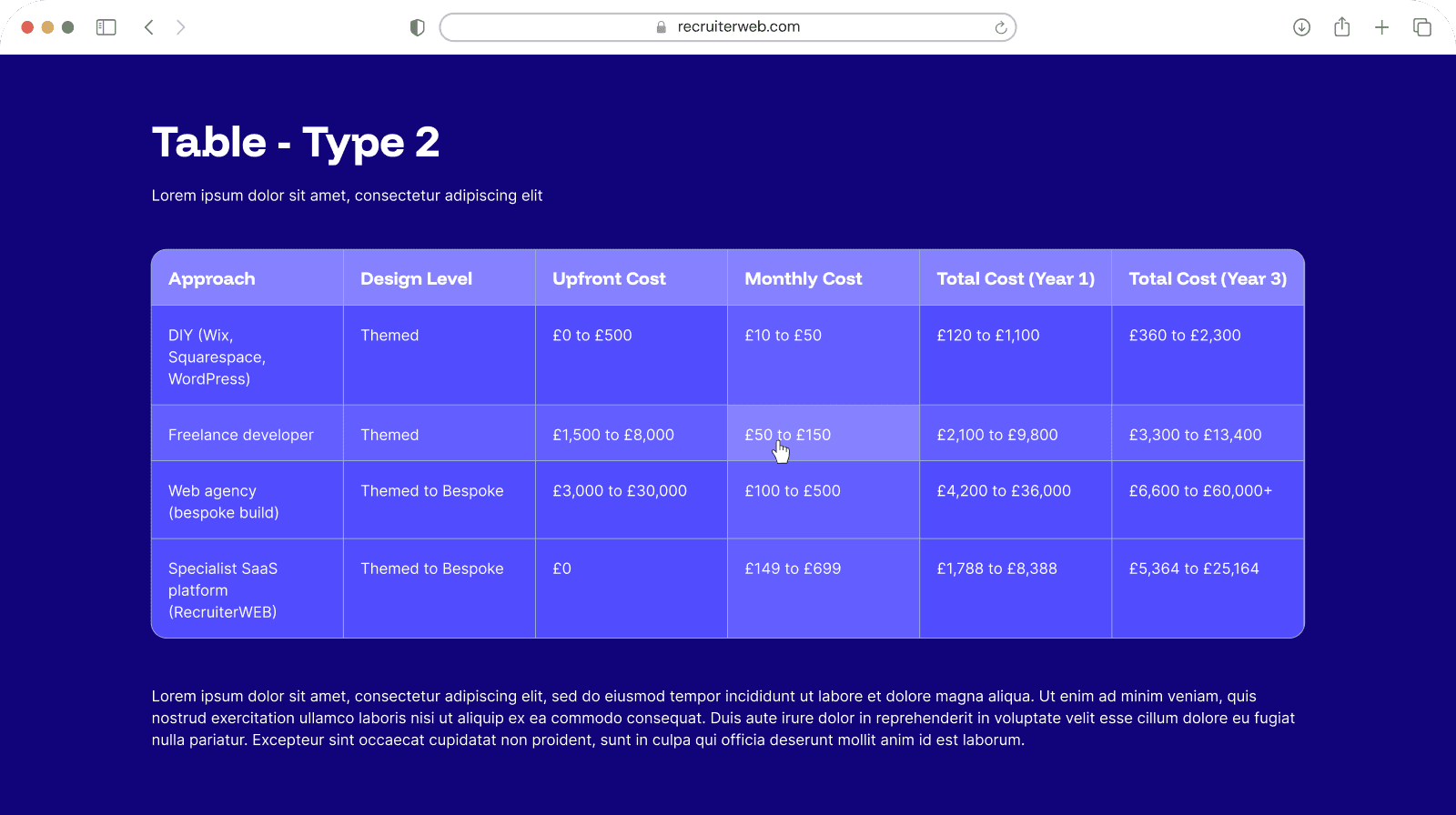 "Table - Type 2" widget example: data table with colored header row
