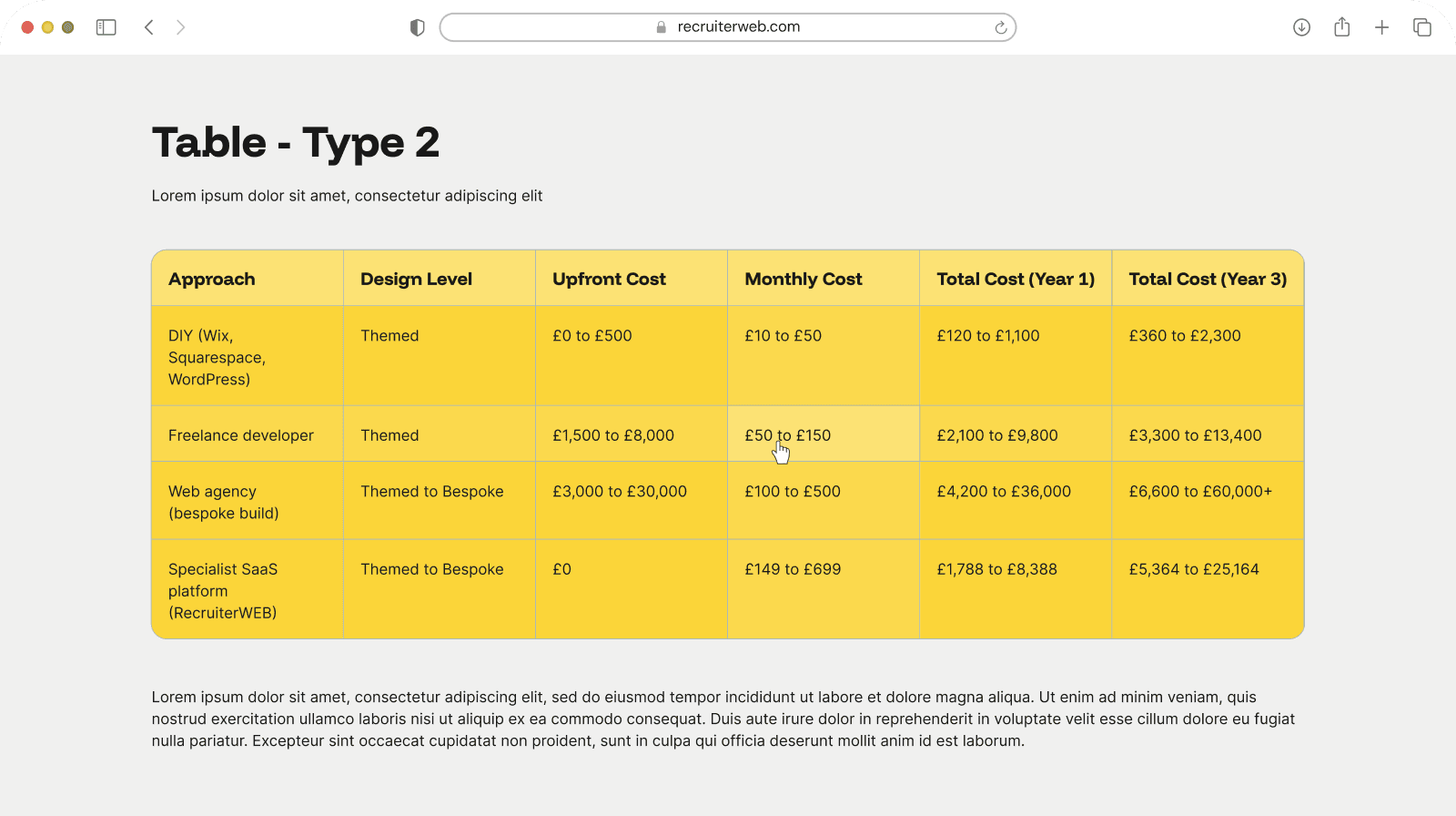 "Table - Type 2" widget example: data table with colored header row