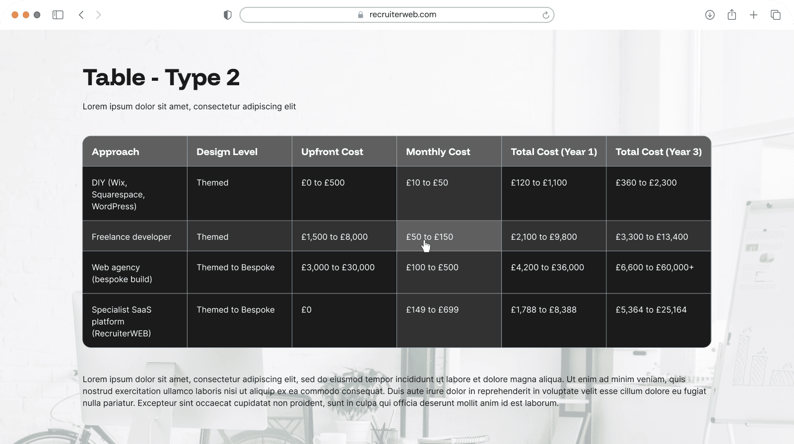 "Table - Type 2" widget example: data table with colored header row