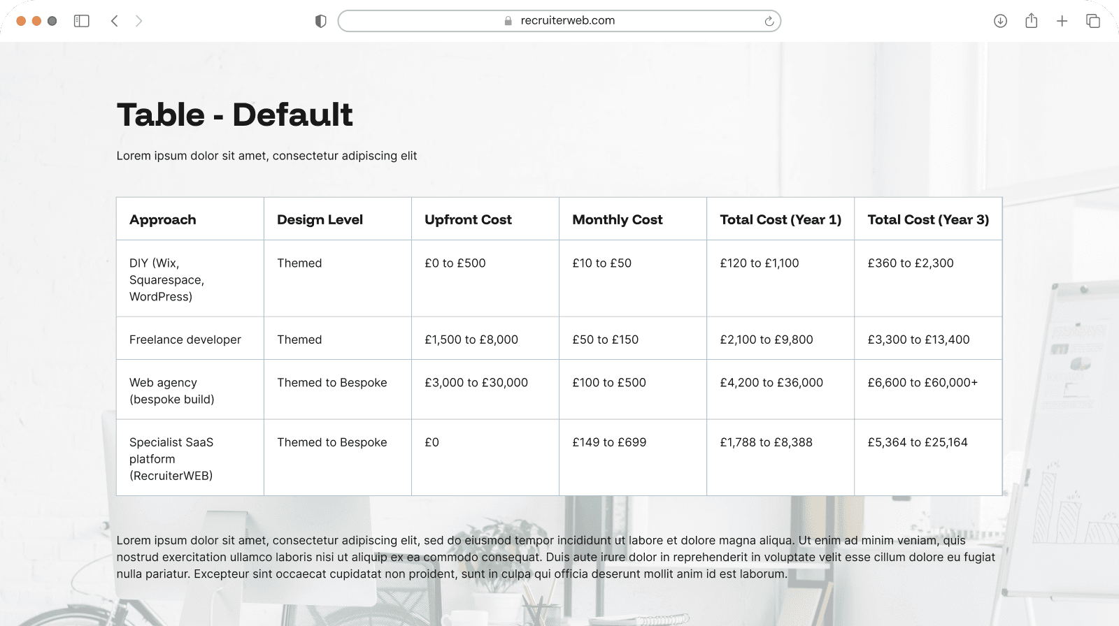 "Table - Default" widget example: plain data table with column headers