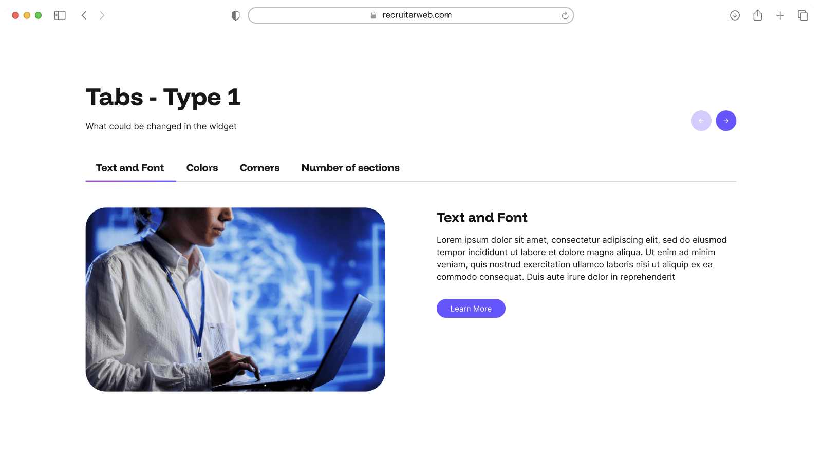 "Tabs - Type 1" widget example: tab navigation with a circular photo and description panel