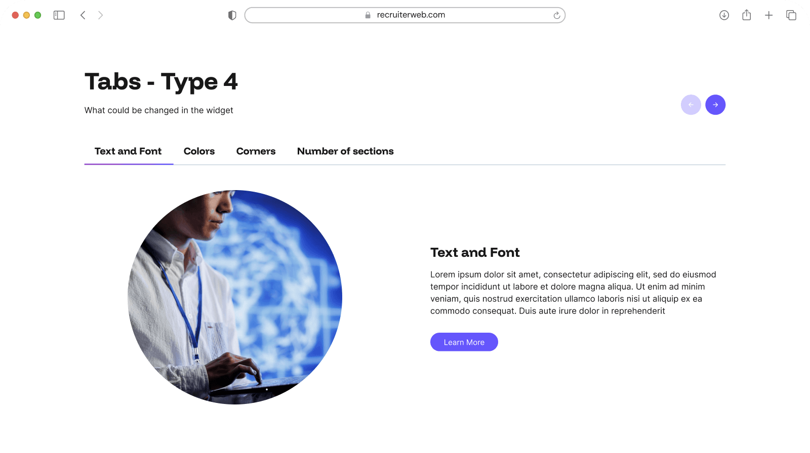 "Tabs - Type 4" widget example: tab navigation listing Text and Font, Colors, Corners, and Number of sections
