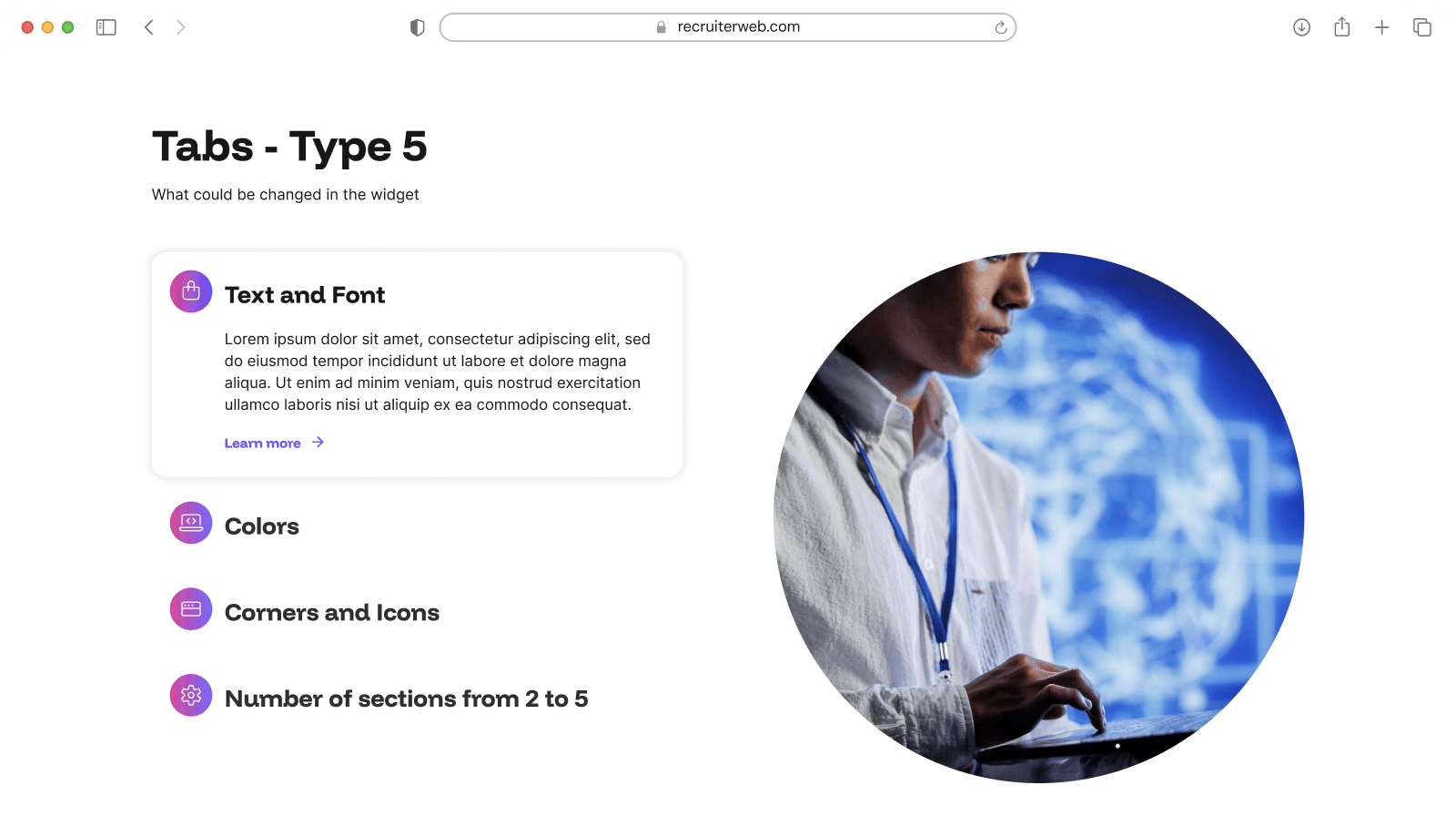 "Tabs - Type 5" widget example: vertical icon tab list beside a circular photo