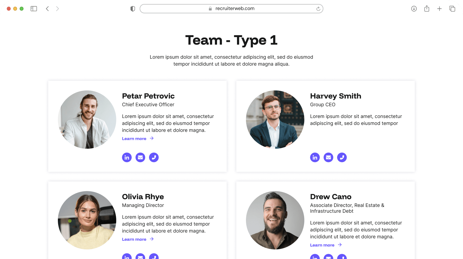 "Team - Type 1" widget example: two-column staff cards with photo, name, role, and contact icons