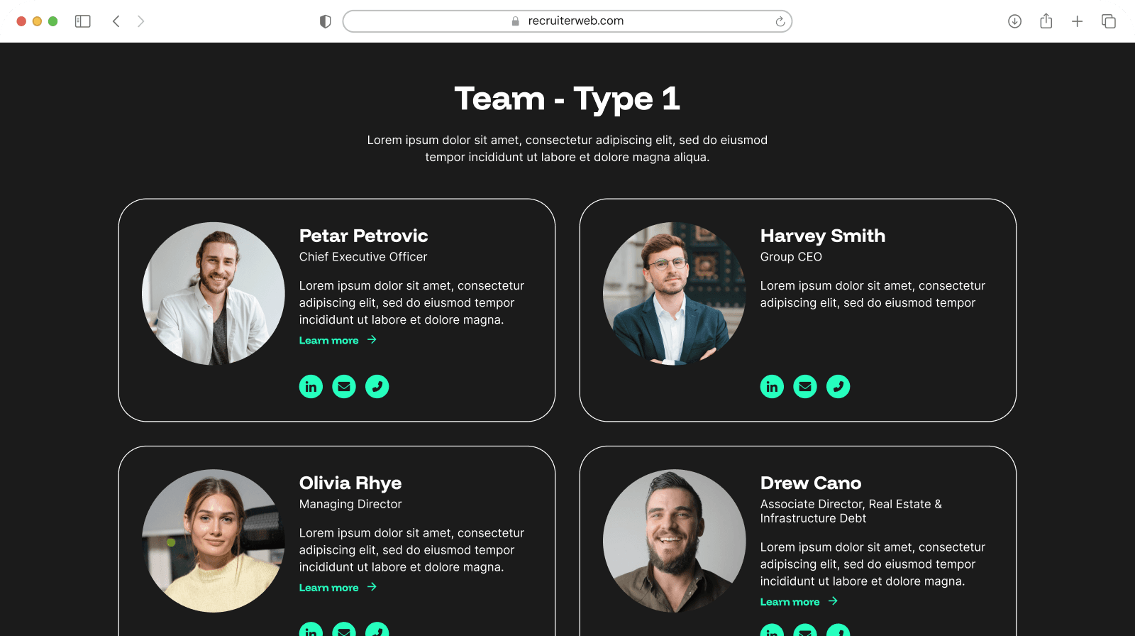 "Team - Type 1" widget example: two-column staff cards with photo, name, role, and contact icons