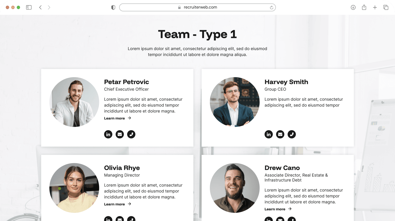 "Team - Type 1" widget example: two-column staff cards with photo, name, role, and contact icons