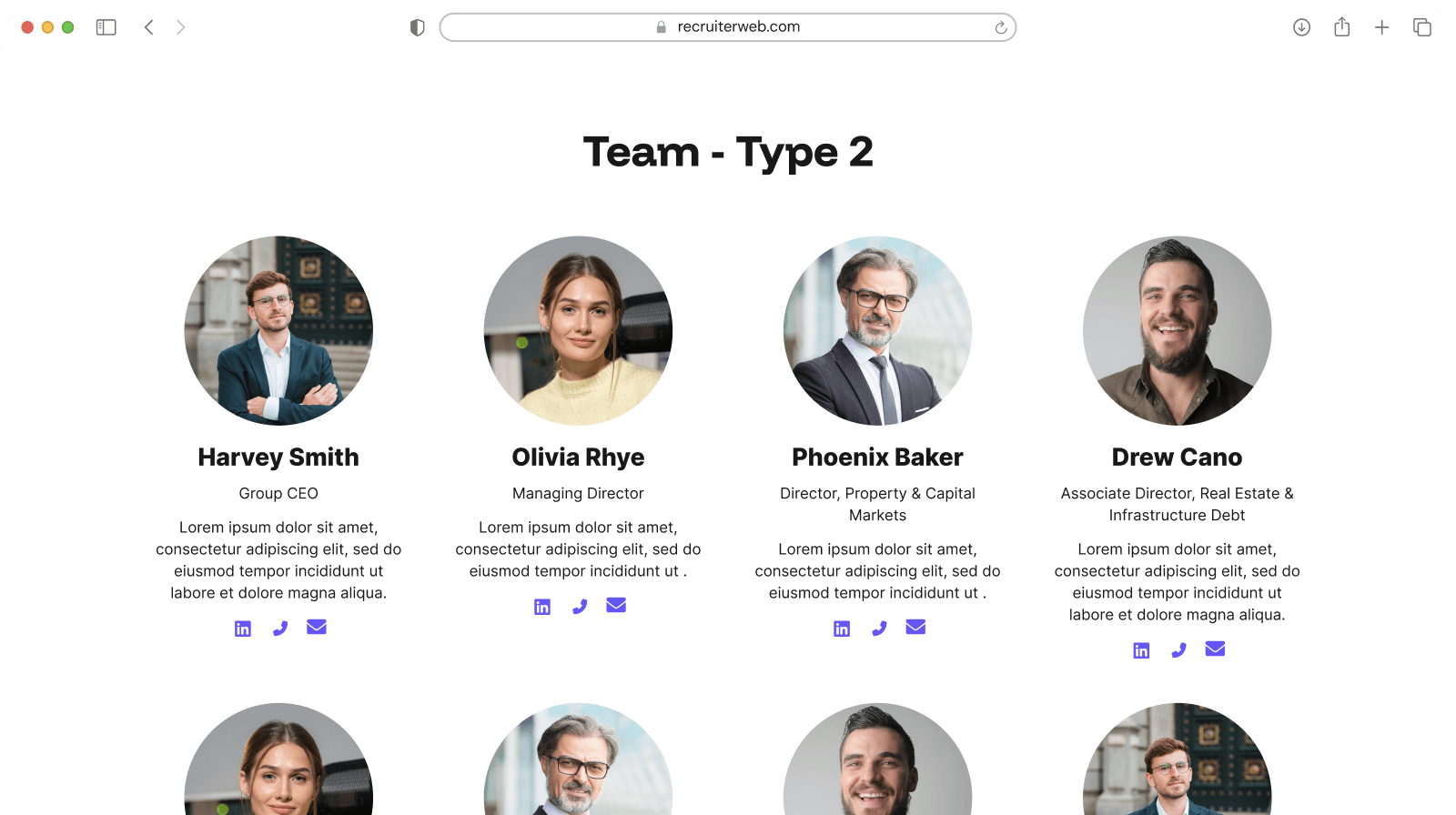 "Team - Type 2" widget example: grid of staff headshots with name, role, and contact icons