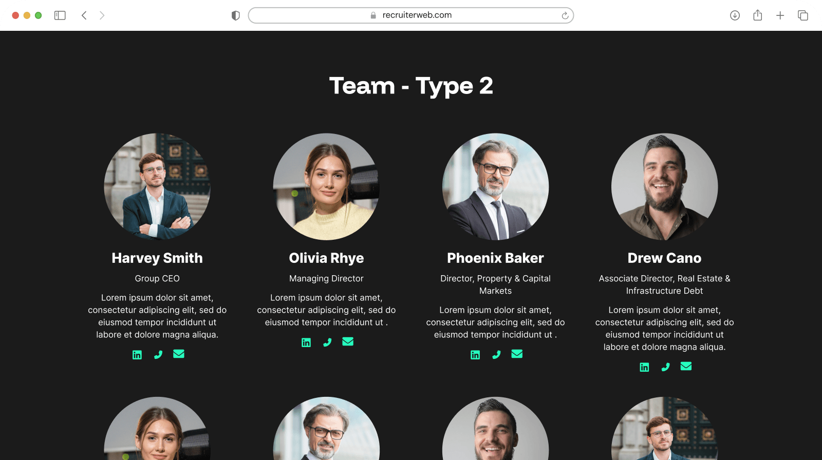 "Team - Type 2" widget example: grid of staff headshots with name, role, and contact icons