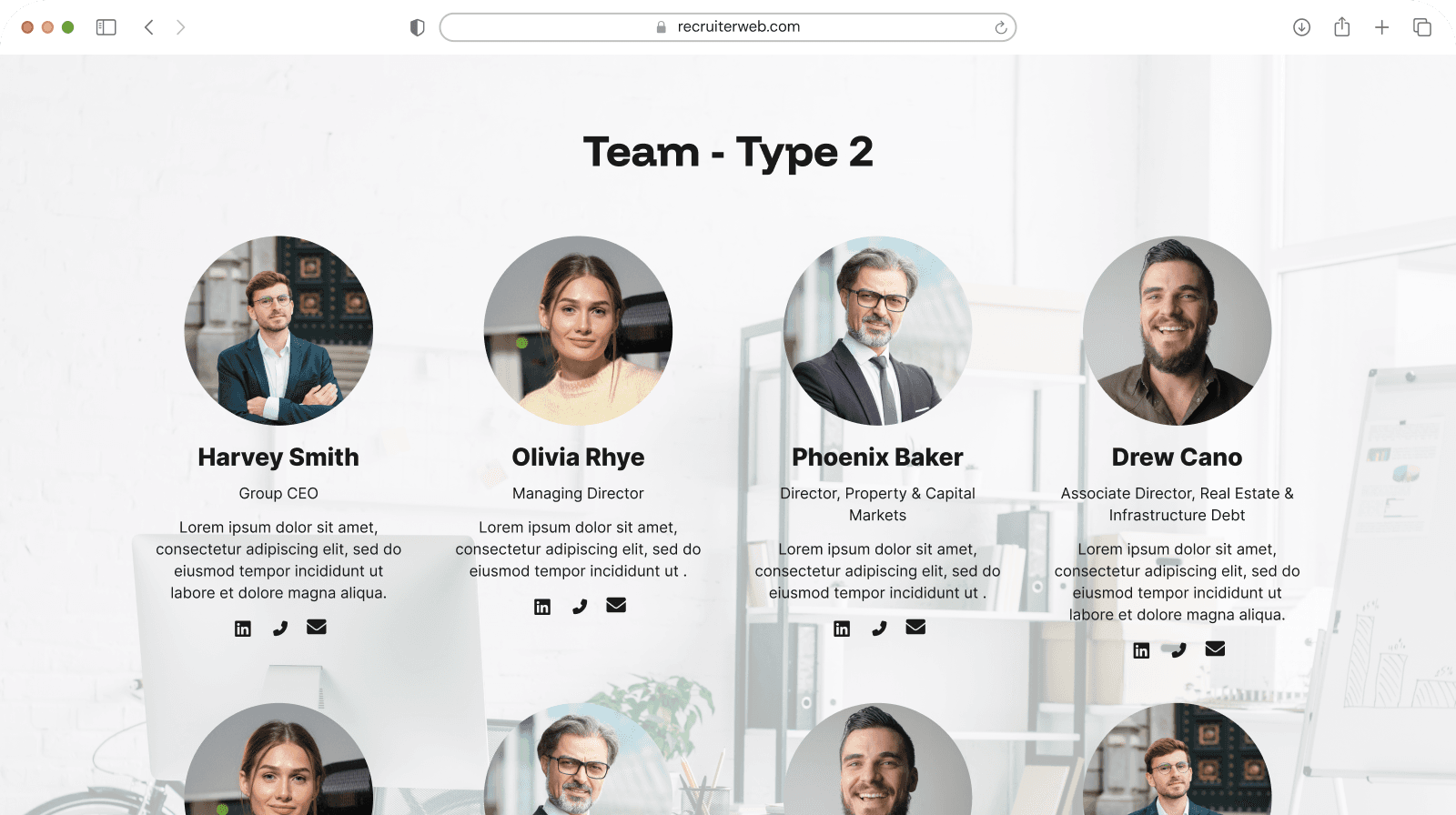"Team - Type 2" widget example: grid of staff headshots with name, role, and contact icons