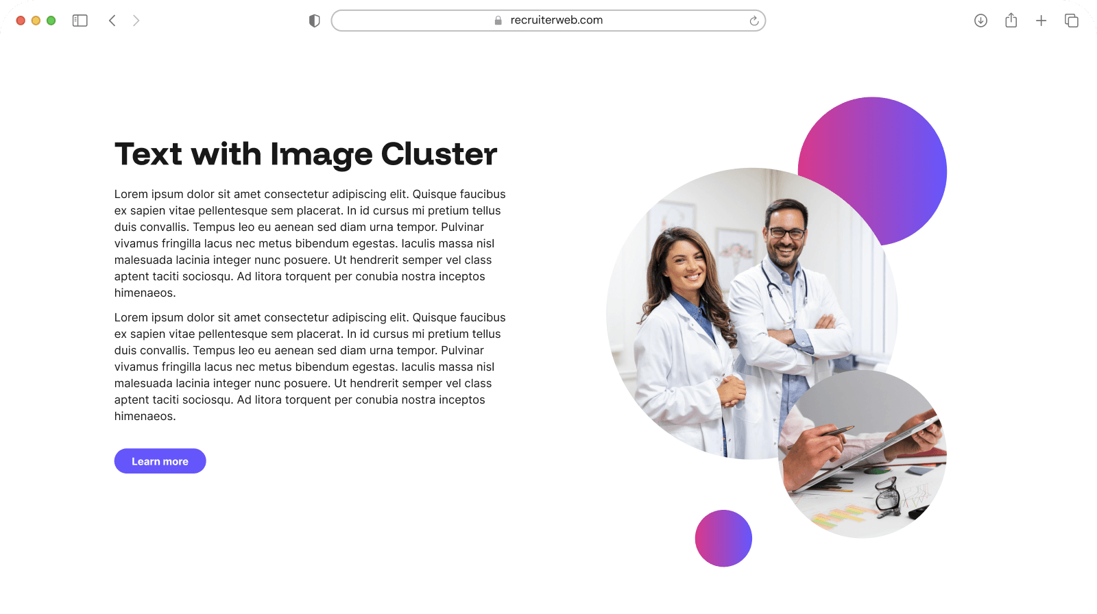 "Text with Image Cluster" widget example: overlapping circular photo cluster beside heading and body text