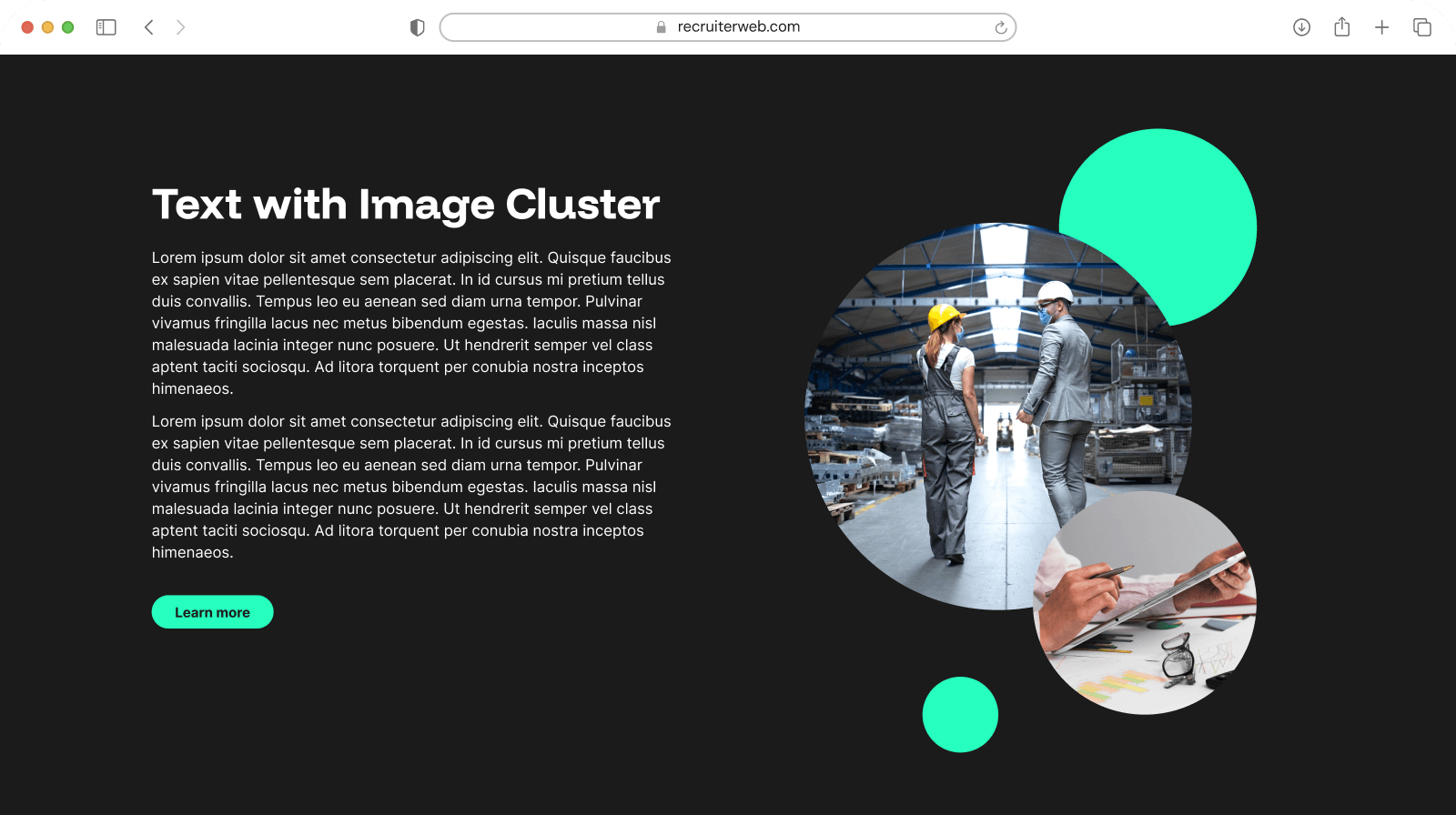 "Text with Image Cluster" widget example: overlapping circular photo cluster beside heading and body text