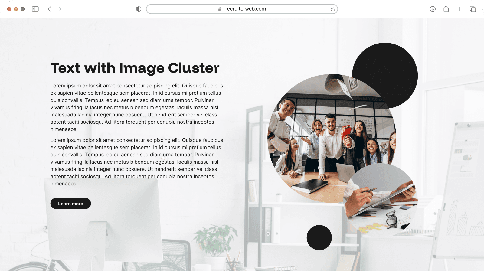 "Text with Image Cluster" widget example: overlapping circular photo cluster beside heading and body text