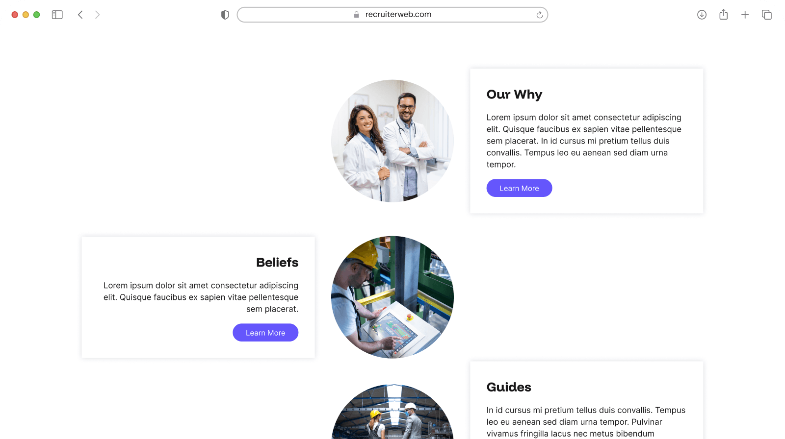 Visual story widget example: staff photo cards paired with Our Why, Beliefs, and Guides text