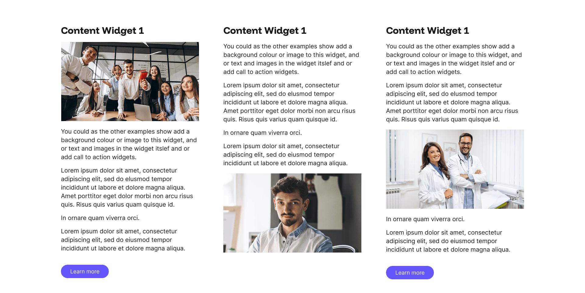 "Content Widget 1" example page: three columns of headline, photo, and body text with a Learn more button