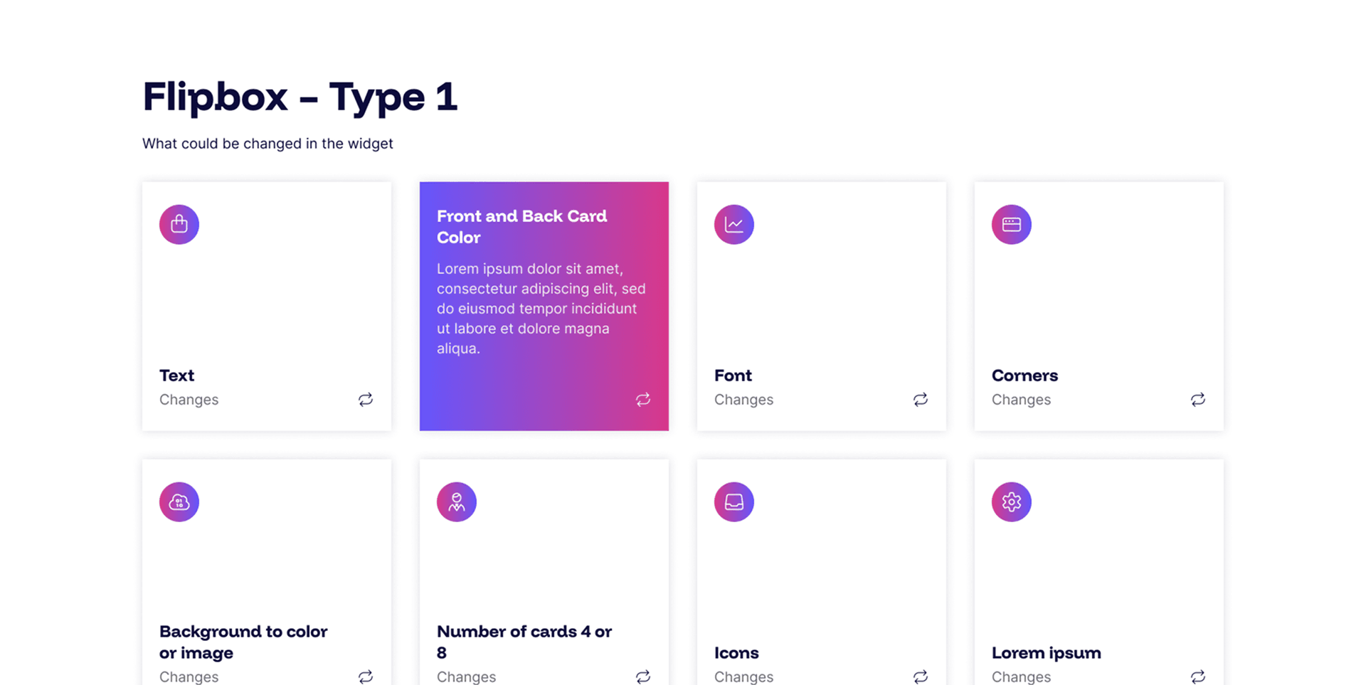 "Flipbox - Type 1" example page: 8-card icon grid with one flipped card showing back-side text