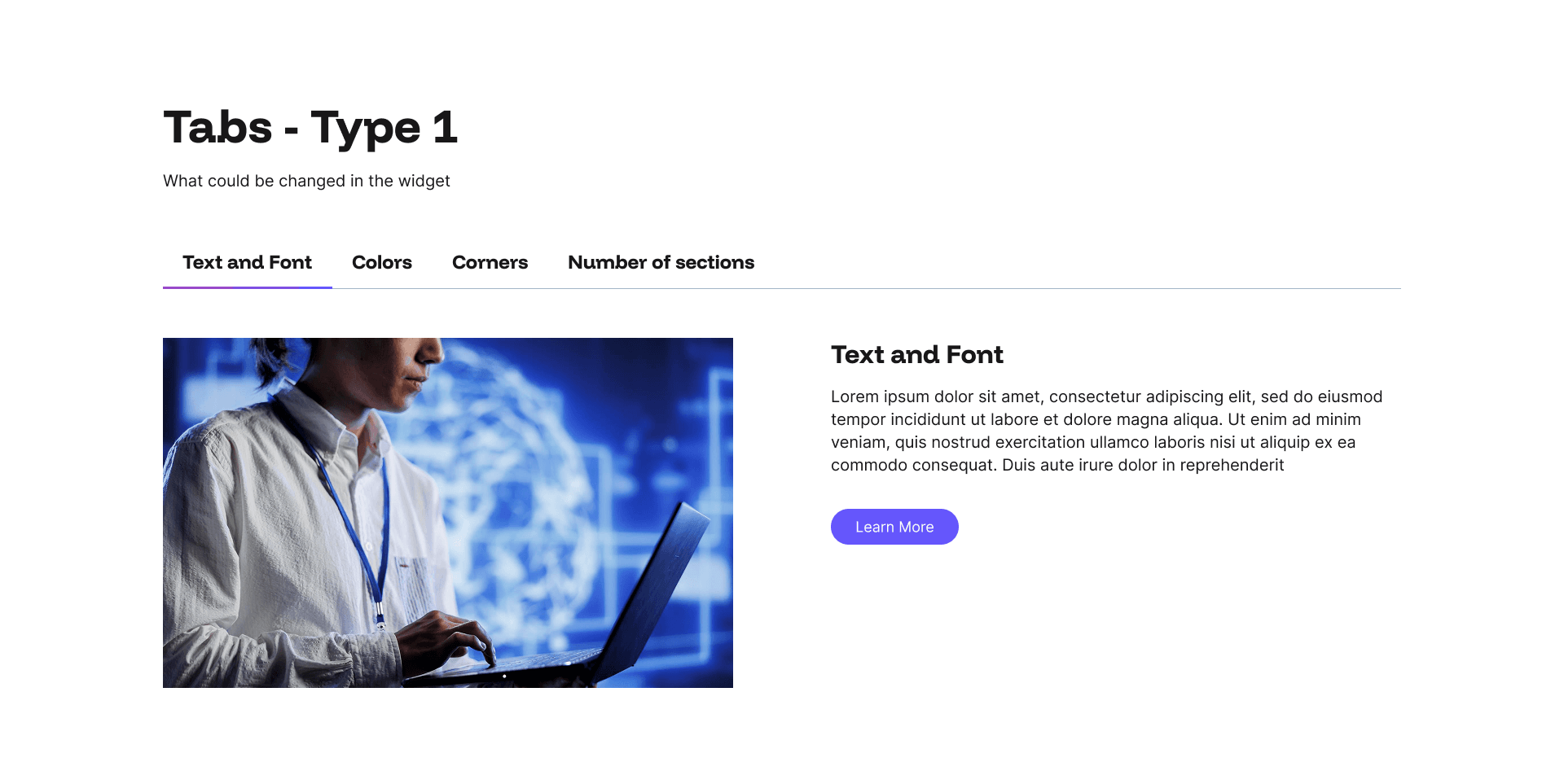 "Tabs - Type 1" example page: tab navigation with a photo of a man using a laptop against a glowing tech backdrop