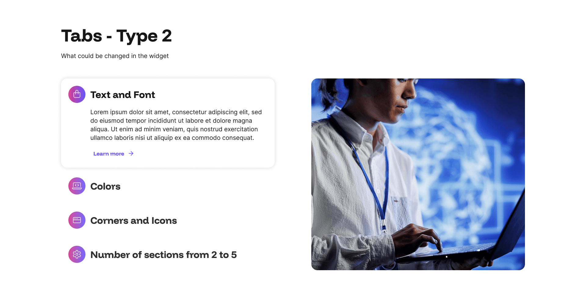 "Tabs - Type 2" example page: icon cards for Text and Font, Colors, Corners and Icons, and Number of sections